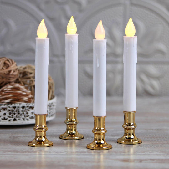 Buy 10 Pack Taper Stick White Battery Candle - Natural Flame Light Colour No Flicker - Gold Stand Base discounted | Products On Sale Australia