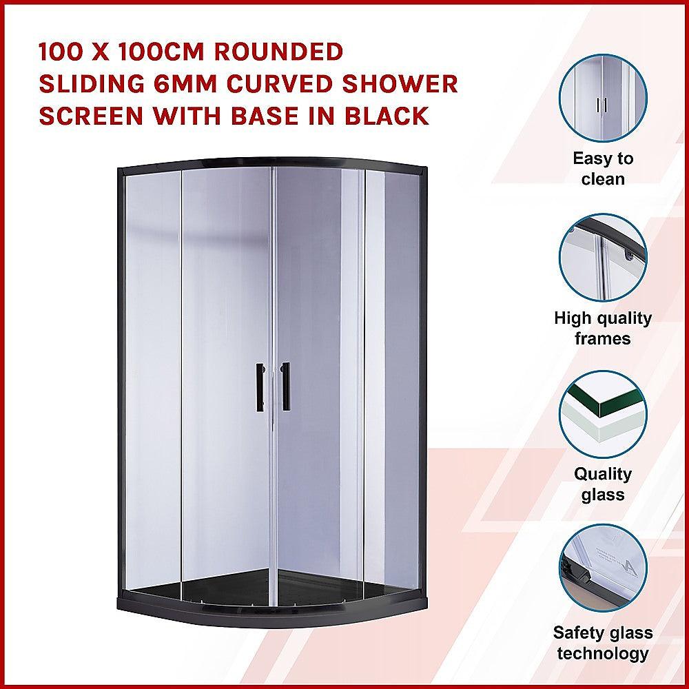 Buy 100 x 100cm Rounded Sliding 6mm Curved Shower Screen with Base in Black discounted | Products On Sale Australia