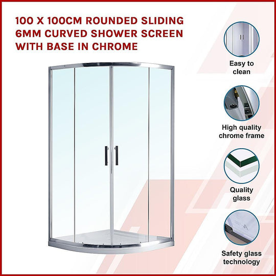 Buy 100 x 100cm Rounded Sliding 6mm Curved Shower Screen with Base in Chrome discounted | Products On Sale Australia