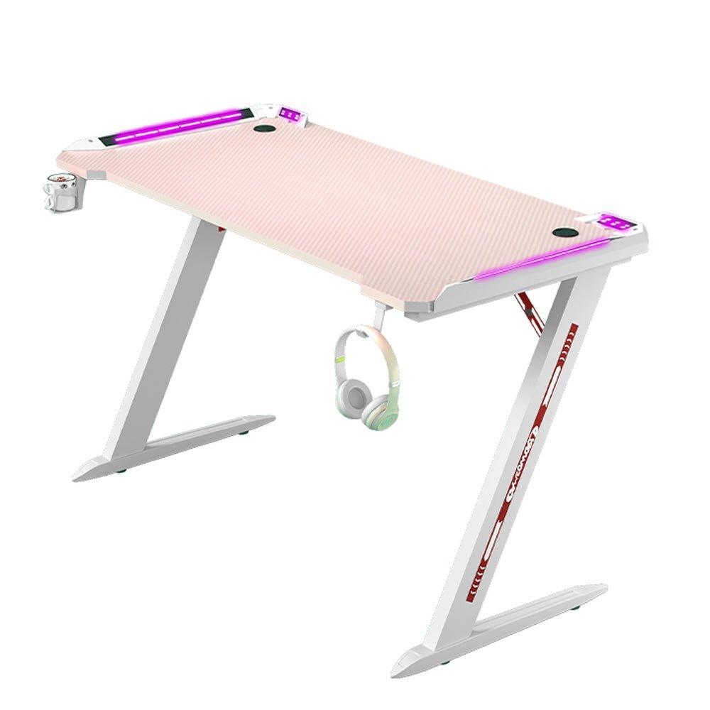 Buy 120cm RGB Gaming Desk Home Office Carbon Fiber Led Lights Game Racer Computer PC Table Z-Shaped Pink discounted | Products On Sale Australia