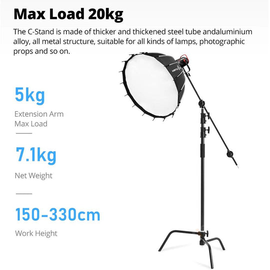 Buy 150-330cm Black Heavy Duty C-Stand Adjustable Light Stand Load 20KG Capacity discounted | Products On Sale Australia