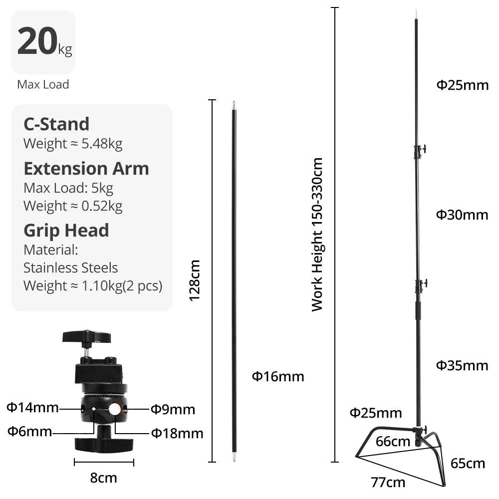 Buy 150-330cm Black Heavy Duty C-Stand Adjustable Light Stand Load 20KG Capacity discounted | Products On Sale Australia