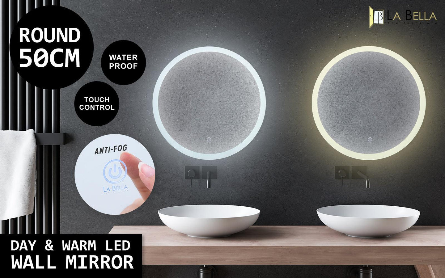 Buy 2 Set LED Wall Mirror Round Anti-Fog Bathroom 50cm discounted | Products On Sale Australia