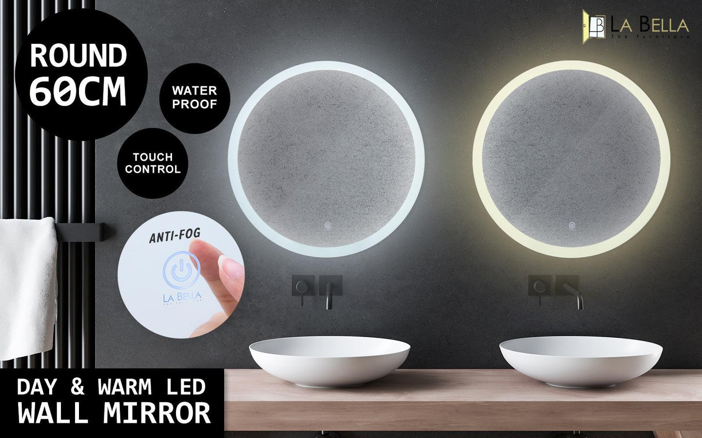 Buy 2 Set LED Wall Mirror Round Anti-Fog Bathroom 60cm discounted | Products On Sale Australia