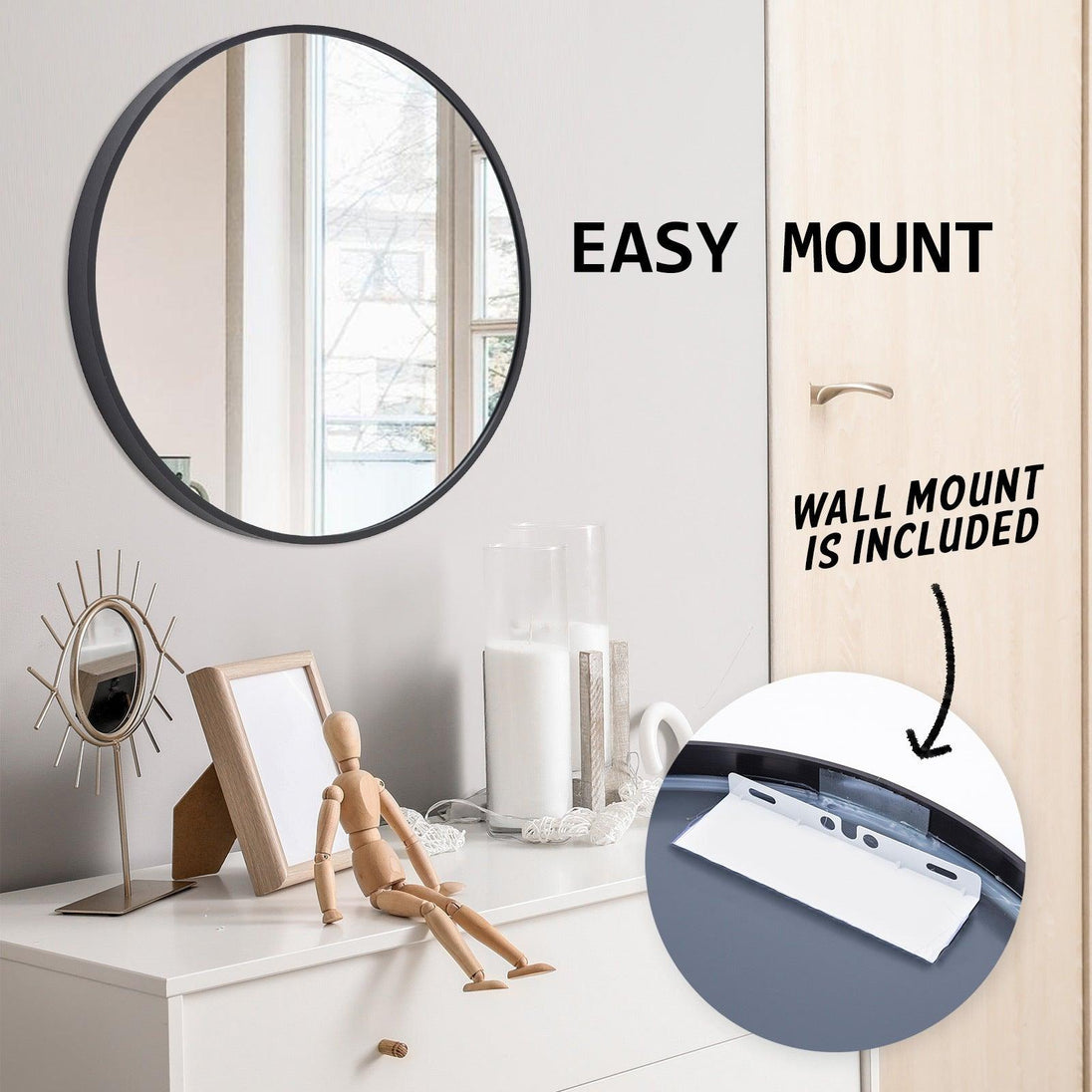 Buy 2 Set Wall Mirror Round Aluminum Frame Bathroom 70cm BLACK discounted | Products On Sale Australia