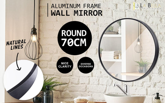 Buy 2 Set Wall Mirror Round Aluminum Frame Bathroom 70cm BLACK discounted | Products On Sale Australia