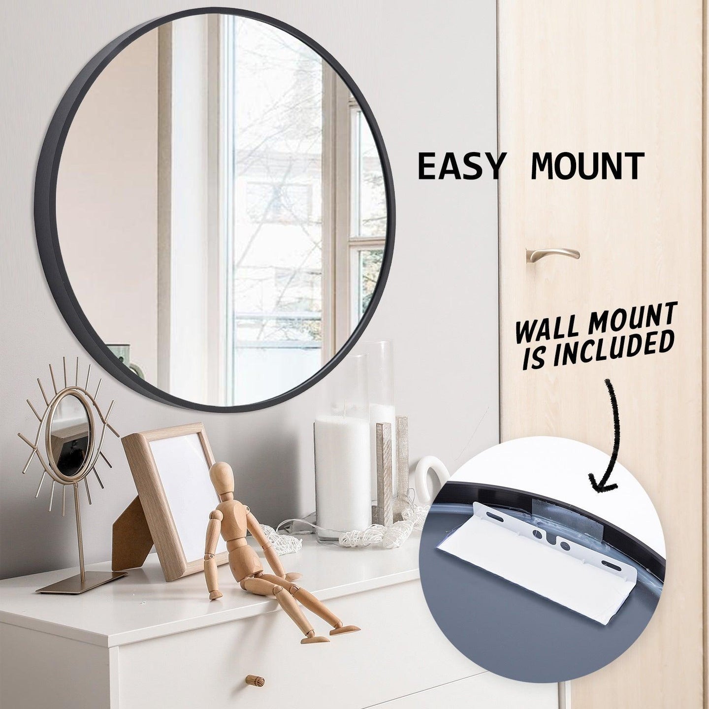 Buy 2 Set Wall Mirror Round Aluminum Frame Bathroom 80cm BLACK discounted | Products On Sale Australia