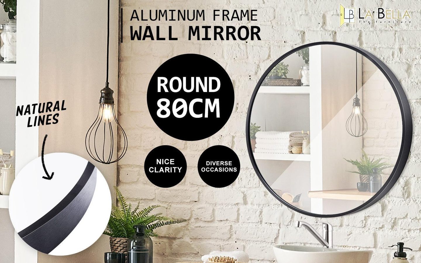 Buy 2 Set Wall Mirror Round Aluminum Frame Bathroom 80cm BLACK discounted | Products On Sale Australia