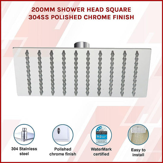 Buy 200mm Shower Head Square 304SS Polished Chrome Finish discounted | Products On Sale Australia