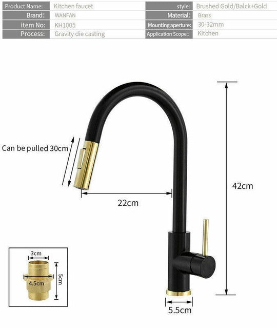 Buy 2023 Brushed Gold Spout Matte Black pull out with spray function kitchen mixer tap faucet discounted | Products On Sale Australia