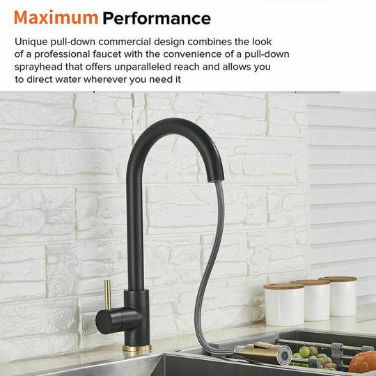 Buy 2023 Brushed Gold Spout Matte Black pull out with spray function kitchen mixer tap faucet discounted | Products On Sale Australia