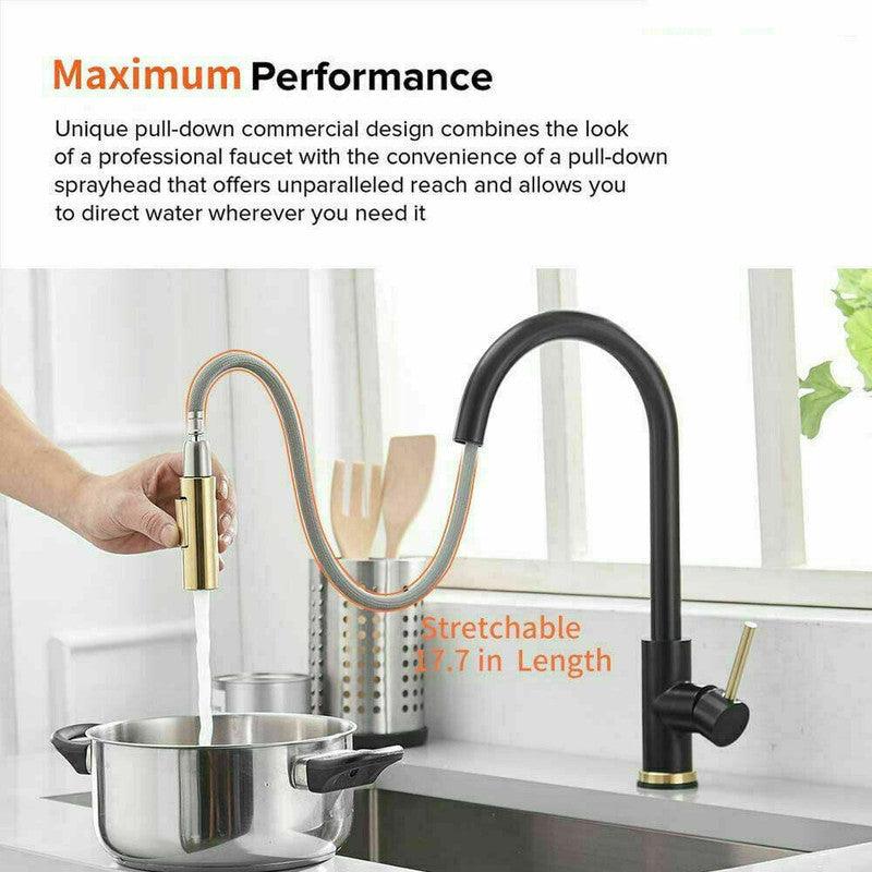 Buy 2023 Brushed Gold Spout Matte Black pull out with spray function kitchen mixer tap faucet discounted | Products On Sale Australia