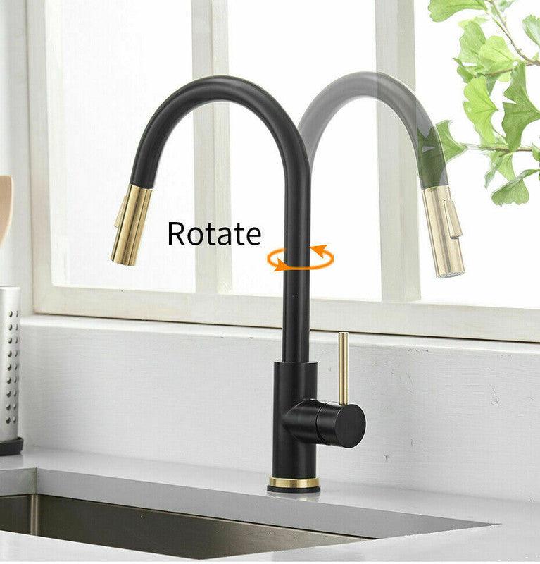 Buy 2023 Brushed Gold Spout Matte Black pull out with spray function kitchen mixer tap faucet discounted | Products On Sale Australia