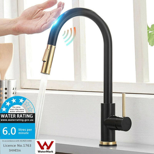 Buy 2023 Brushed Gold Spout Matte Black pull out with spray function kitchen mixer tap faucet discounted | Products On Sale Australia