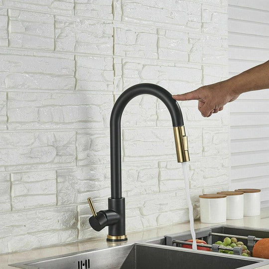 Buy 2023 Brushed Gold Spout Matte Black pull out with spray function kitchen mixer tap faucet discounted | Products On Sale Australia