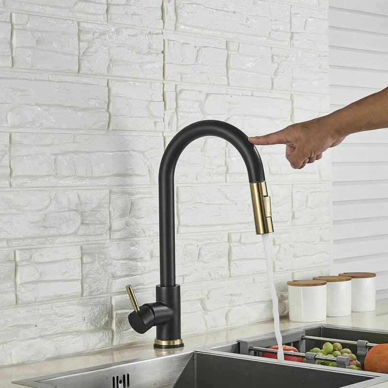 Buy 2023 Brushed Gold Spout Matte Black pull out with spray function kitchen mixer tap faucet discounted | Products On Sale Australia