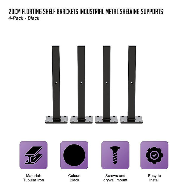 Buy 20cm Floating Shelf Brackets Industrial Metal Shelving Supports 4-Pack - Black discounted | Products On Sale Australia