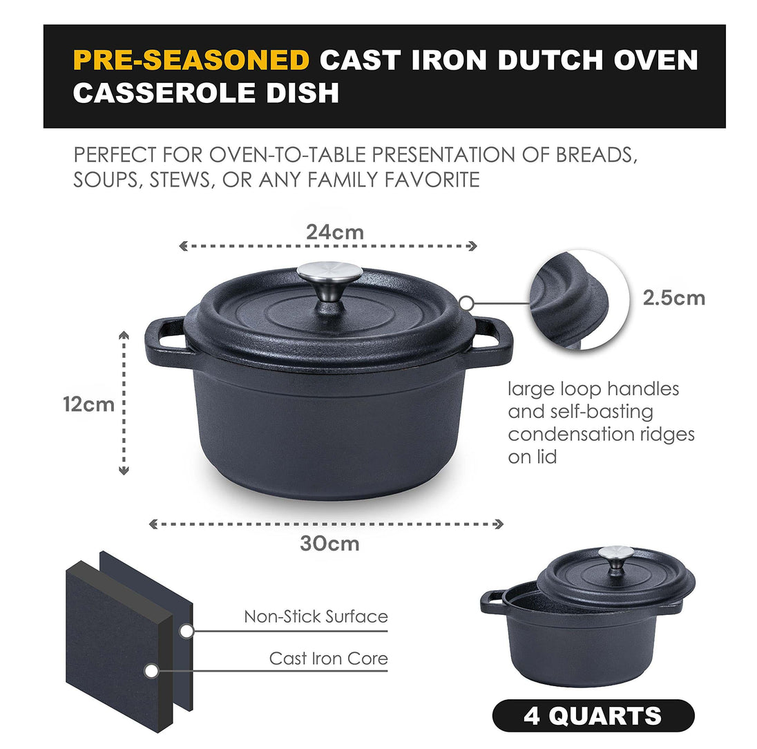 Buy 24cm Pre-seasoned NonStick Cast Iron Dutch Oven Handles Lid Skillet Cookware Braising Pot Pan Casserole discounted | Products On Sale Australia