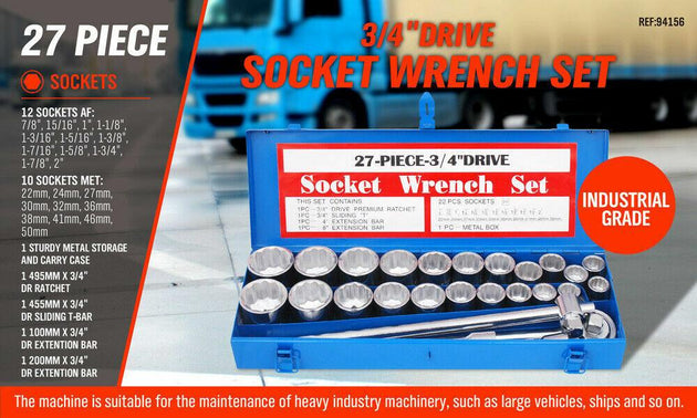 Buy 27Pc Heavy Duty Socket Wrench Set 3/4" Drive Metric & Imperial Extension Case discounted | Products On Sale Australia