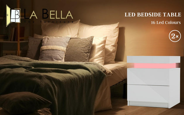 Buy 2X Bedside Table 2 Drawers RGB LED Bedroom Cabinet Nightstand Gloss AURORA WHITE discounted | Products On Sale Australia