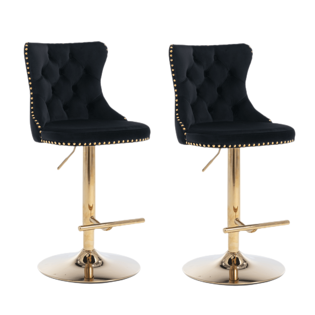 Buy 2x Height Adjustable Swivel Bar Stool Velvet Studs Barstool with Footrest and Golden Base- Black discounted | Products On Sale Australia