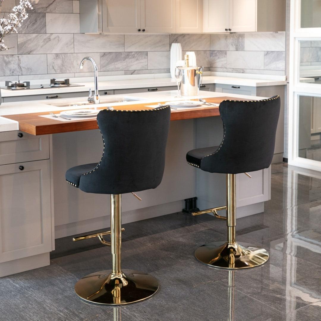 Buy 2x Height Adjustable Swivel Bar Stool Velvet Studs Barstool with Footrest and Golden Base- Black discounted | Products On Sale Australia