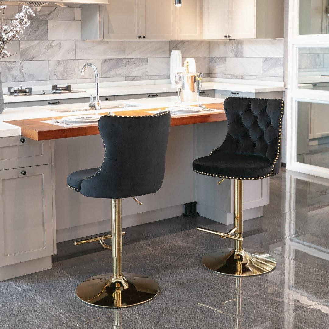 Buy 2x Height Adjustable Swivel Bar Stool Velvet Studs Barstool with Footrest and Golden Base- Black discounted | Products On Sale Australia