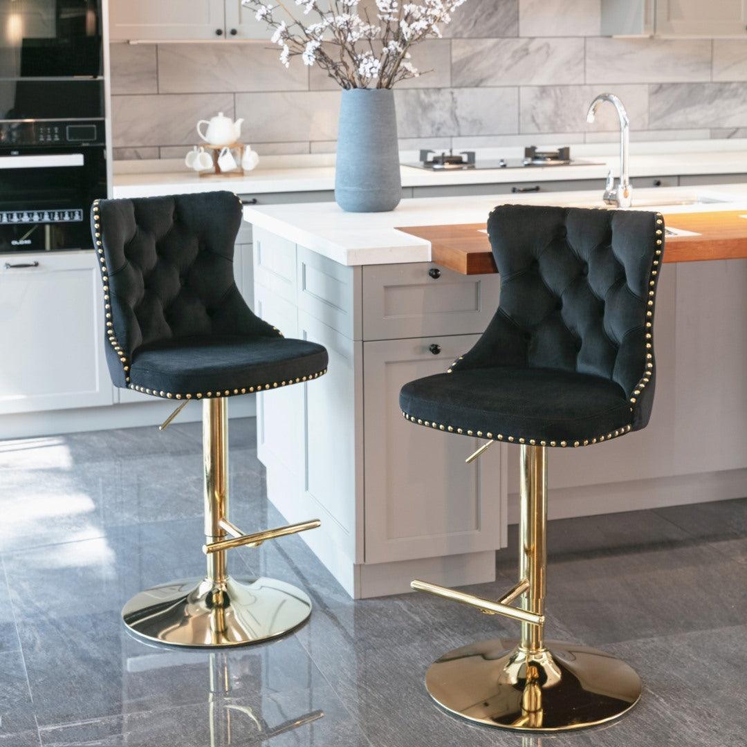 Buy 2x Height Adjustable Swivel Bar Stool Velvet Studs Barstool with Footrest and Golden Base- Black discounted | Products On Sale Australia