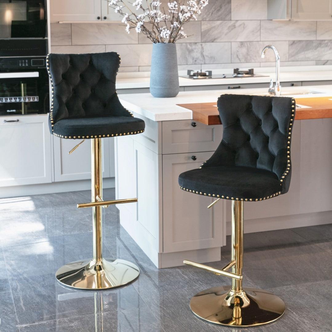 Buy 2x Height Adjustable Swivel Bar Stool Velvet Studs Barstool with Footrest and Golden Base- Black discounted | Products On Sale Australia