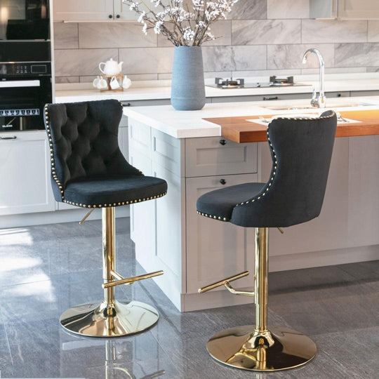 Buy 2x Height Adjustable Swivel Bar Stool Velvet Studs Barstool with Footrest and Golden Base- Black discounted | Products On Sale Australia