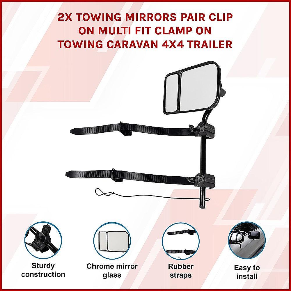 Buy 2x Towing Mirrors Pair Clip on Multi Fit Clamp On Towing Caravan 4X4 Trailer discounted | Products On Sale Australia