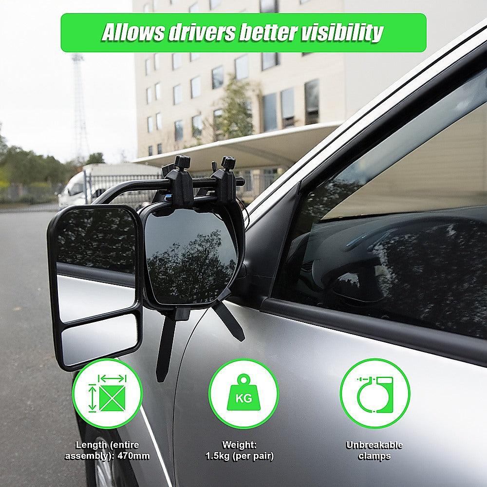 Buy 2x Towing Mirrors Pair Clip on Multi Fit Clamp On Towing Caravan 4X4 Trailer discounted | Products On Sale Australia