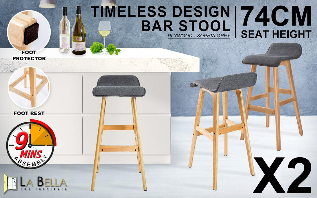 Buy 2X Wooden Bar Stool Dining Chair Fabric SOPHIA 74cm GREY discounted | Products On Sale Australia