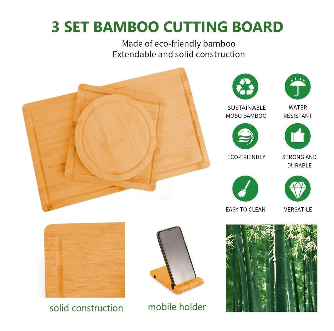 Buy 3 Pieces Bamboo Cutting Board with Juice Groove and Mobile Holder included for Home Kitchen discounted | Products On Sale Australia