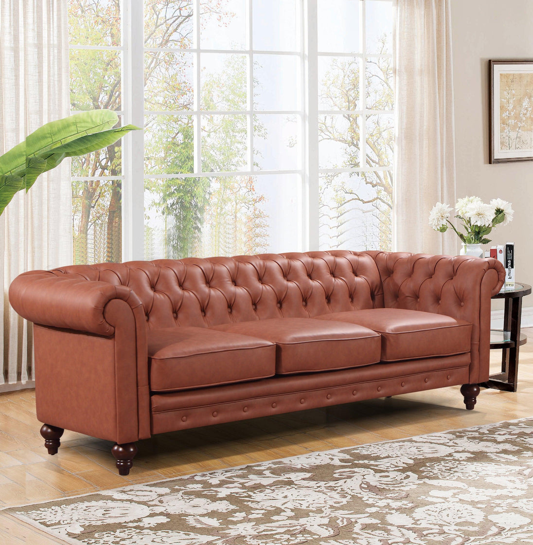 Buy 3 Seater Brown Sofa Lounge Chesterfireld Style Button Tufted in Faux Leather discounted | Products On Sale Australia