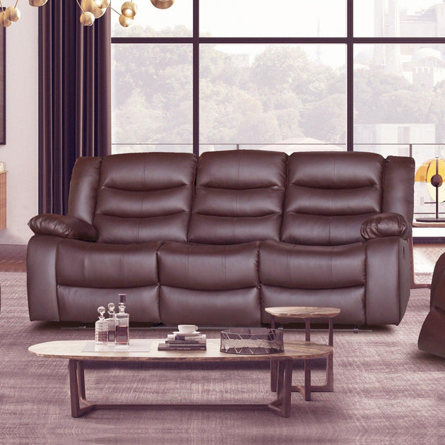 Buy 3 Seater Recliner Sofa In Faux Leather Lounge Couch in Brown discounted | Products On Sale Australia