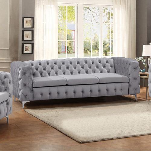 Buy 3 Seater Sofa Classic Button Tufted Lounge in Grey Velvet Fabric with Metal Legs discounted | Products On Sale Australia