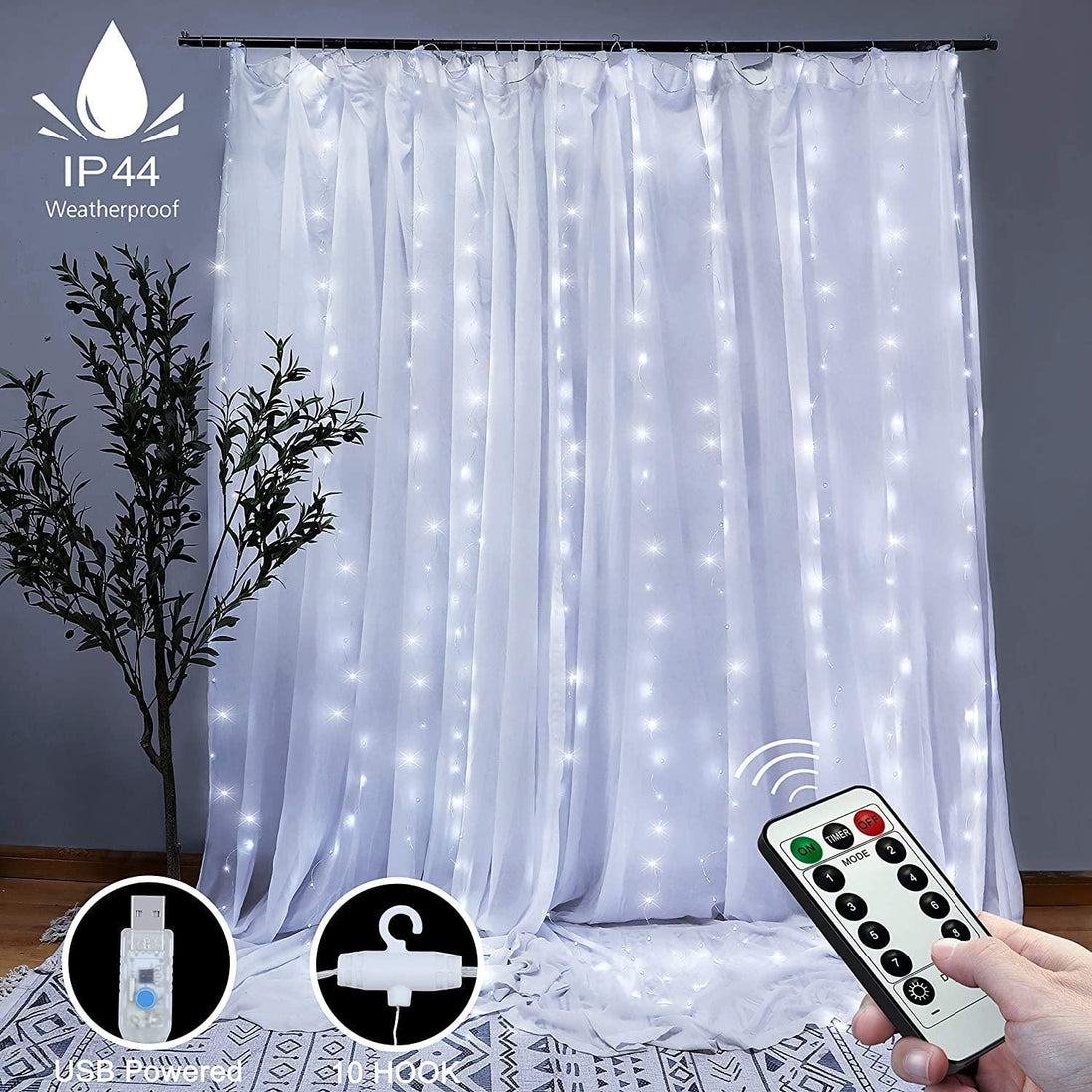 Buy 300 LEDs Window Curtain Fairy Lights 8 Modes and Remote Control for Bedroom (Cool White, 300 x 300cm) discounted | Products On Sale Australia