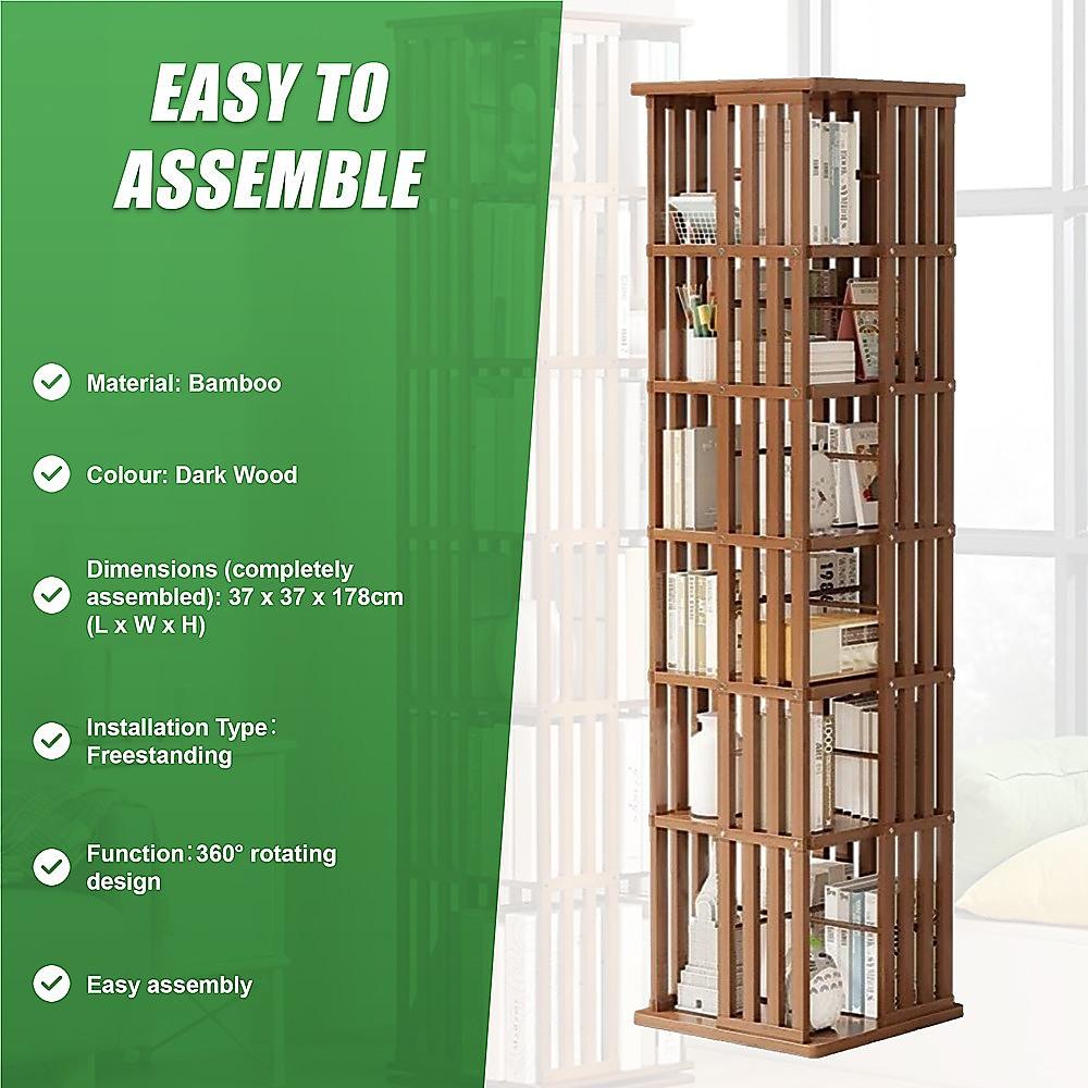 Buy 360 Rotating Bookshelf Bamboo Storage Display Rack Shelving in Dark Wood discounted | Products On Sale Australia