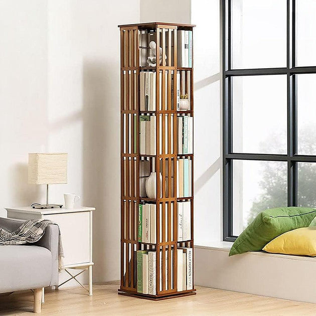 Buy 360 Rotating Bookshelf Bamboo Storage Display Rack Shelving in Dark Wood discounted | Products On Sale Australia