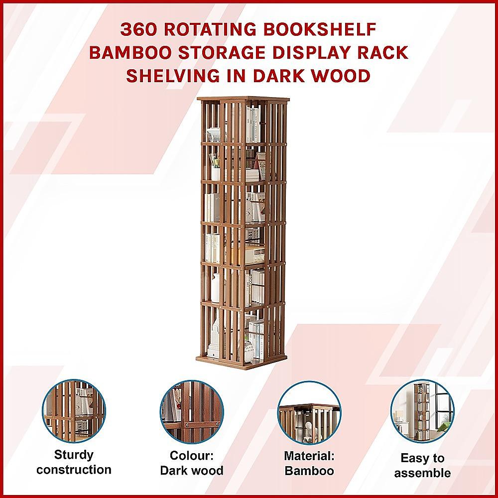 Buy 360 Rotating Bookshelf Bamboo Storage Display Rack Shelving in Dark Wood discounted | Products On Sale Australia