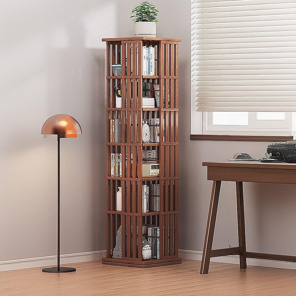 Buy 360 Rotating Bookshelf Bamboo Storage Display Rack Shelving in Dark Wood discounted | Products On Sale Australia