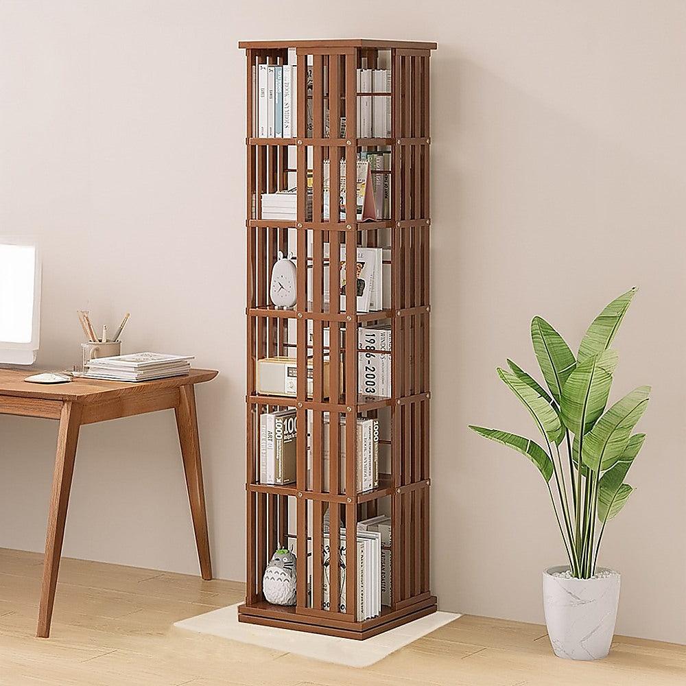 Buy 360 Rotating Bookshelf Bamboo Storage Display Rack Shelving in Dark Wood discounted | Products On Sale Australia