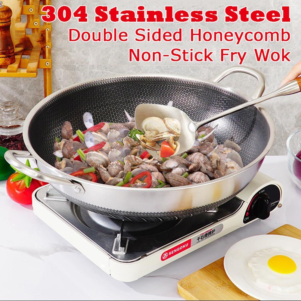 Buy 36cm 316 Stainless Steel Non-Stick Stir Fry Cooking Kitchen Wok Pan with Lid Honeycomb Double Sided discounted | Products On Sale Australia