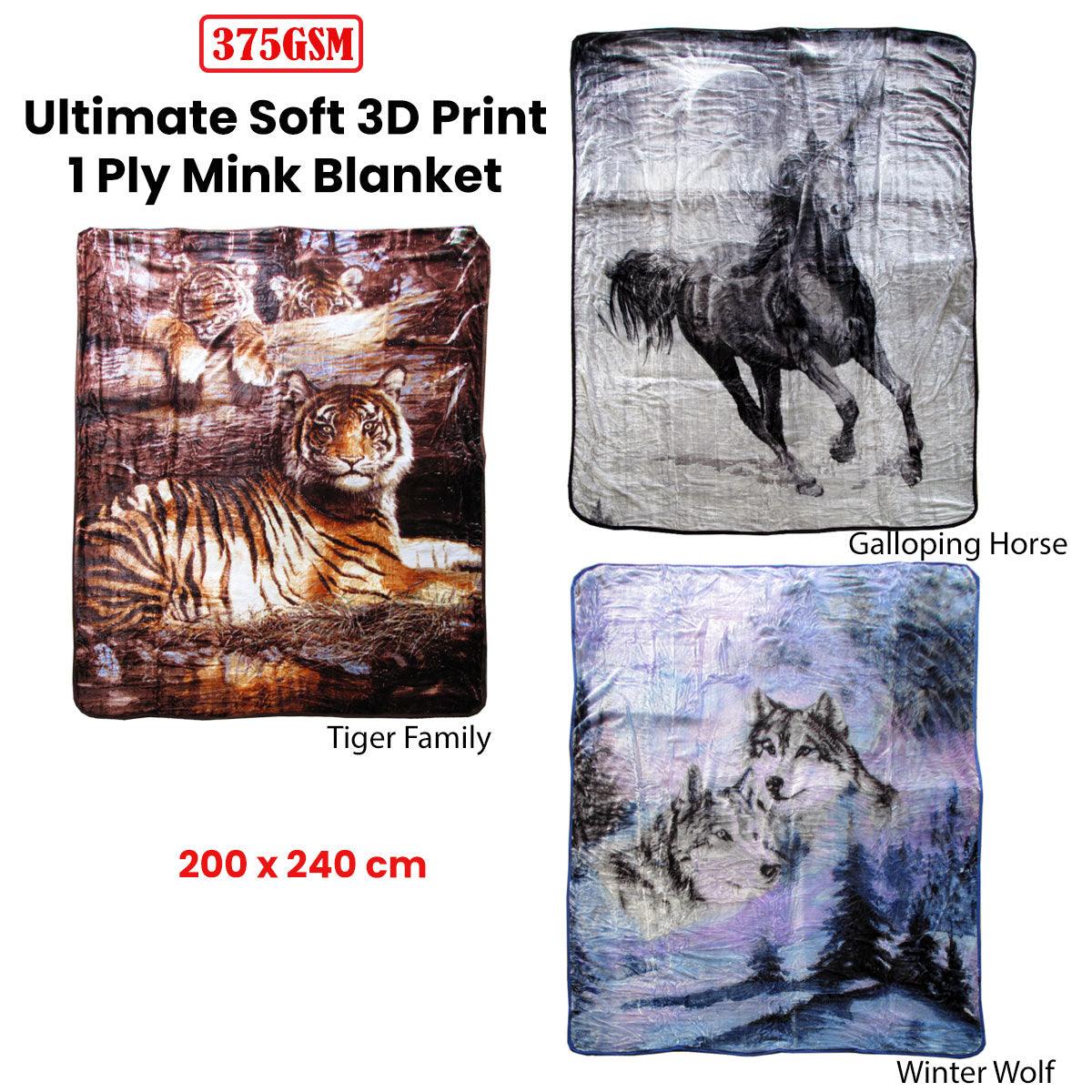 Buy 375gsm 1 Ply 3D Print Faux Mink Blanket Queen 200x240 cm Winter Wolf discounted | Products On Sale Australia