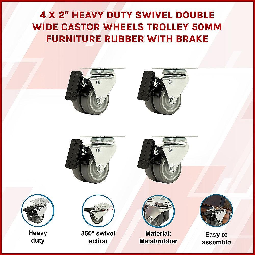 Buy 4 x 2" Heavy Duty Swivel Double Wide Castor Wheels Trolley 50mm Furniture Rubber With Brake discounted | Products On Sale Australia