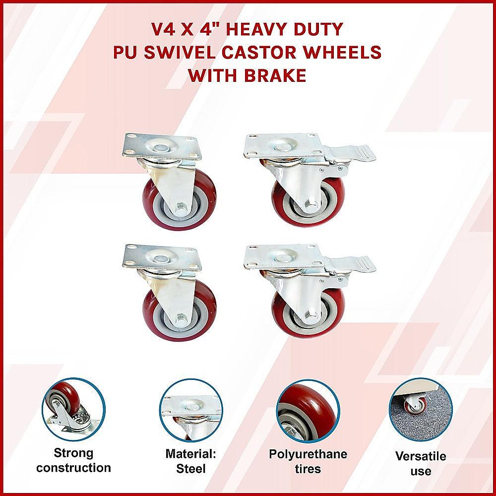 Buy 4 x 4" Heavy Duty PU Swivel Castor Wheels With Brake discounted | Products On Sale Australia