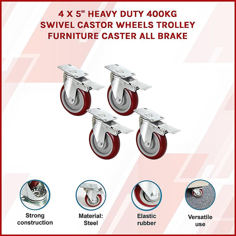 Buy 4 X 5" Heavy Duty 400kg Swivel Castor Wheels Trolley Furniture Caster All Brake discounted | Products On Sale Australia