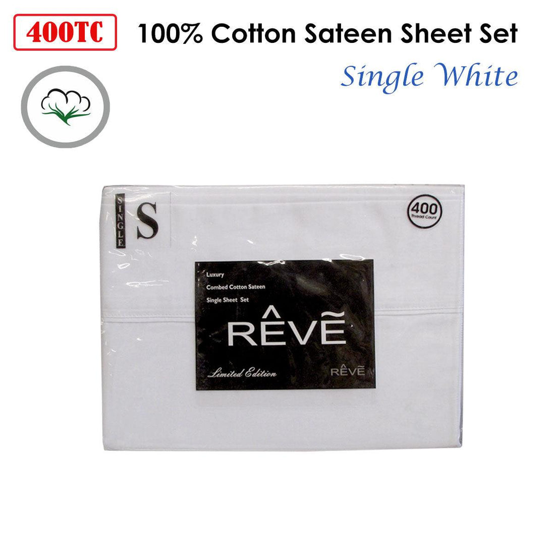 Buy 400TC Reve 100% Cotton Sateen Sheet Set White Single discounted | Products On Sale Australia