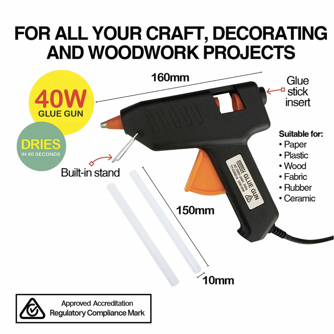 Buy 40w Hot Glue Gun Handy Hardware SAA RCM Craft Adhesive 2x 11mmx100mm Sticks discounted | Products On Sale Australia